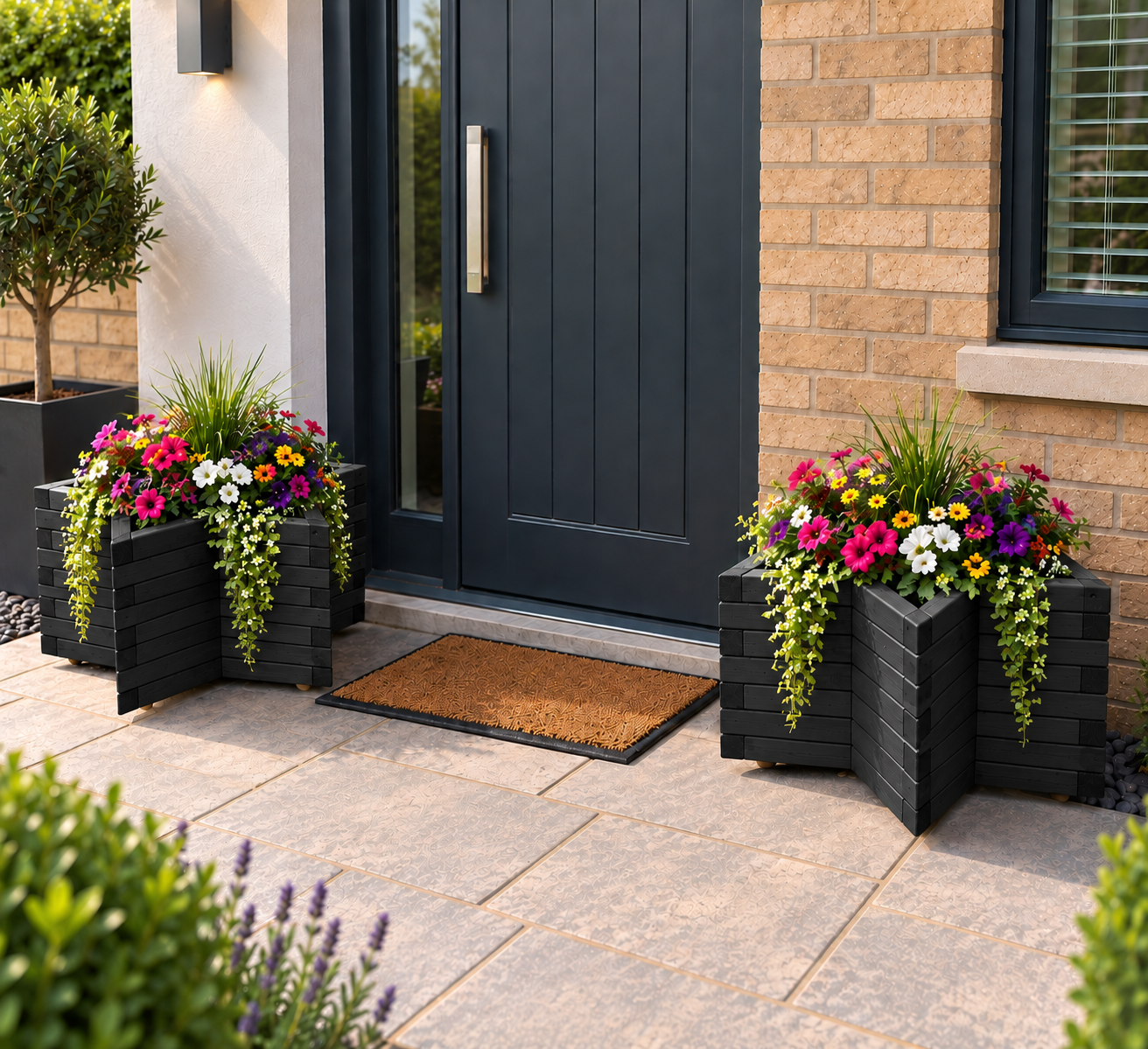 Handcrafted black star-shaped wooden planter with colourful flowers