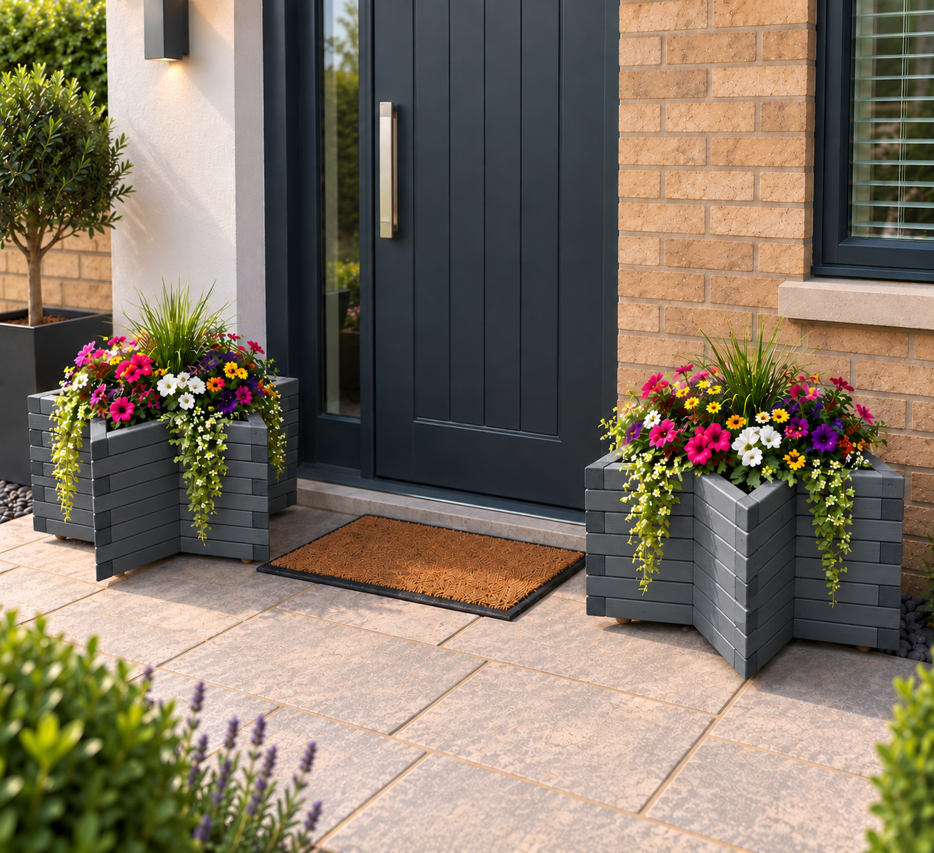 Handcrafted dark Grey star-shaped wooden planter with colourful flowers