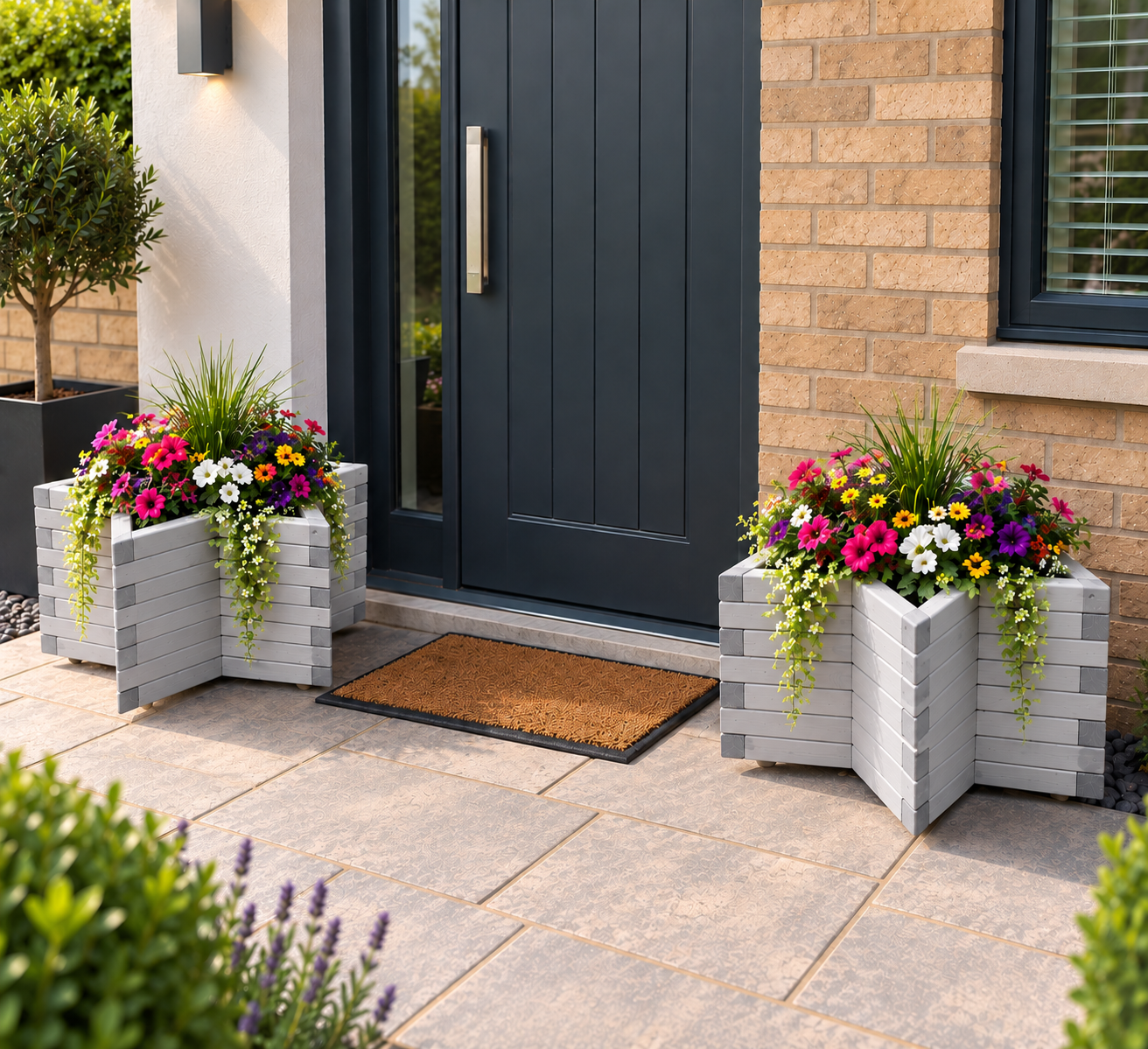 Handcrafted light Grey star-shaped wooden planter with colourful flowers