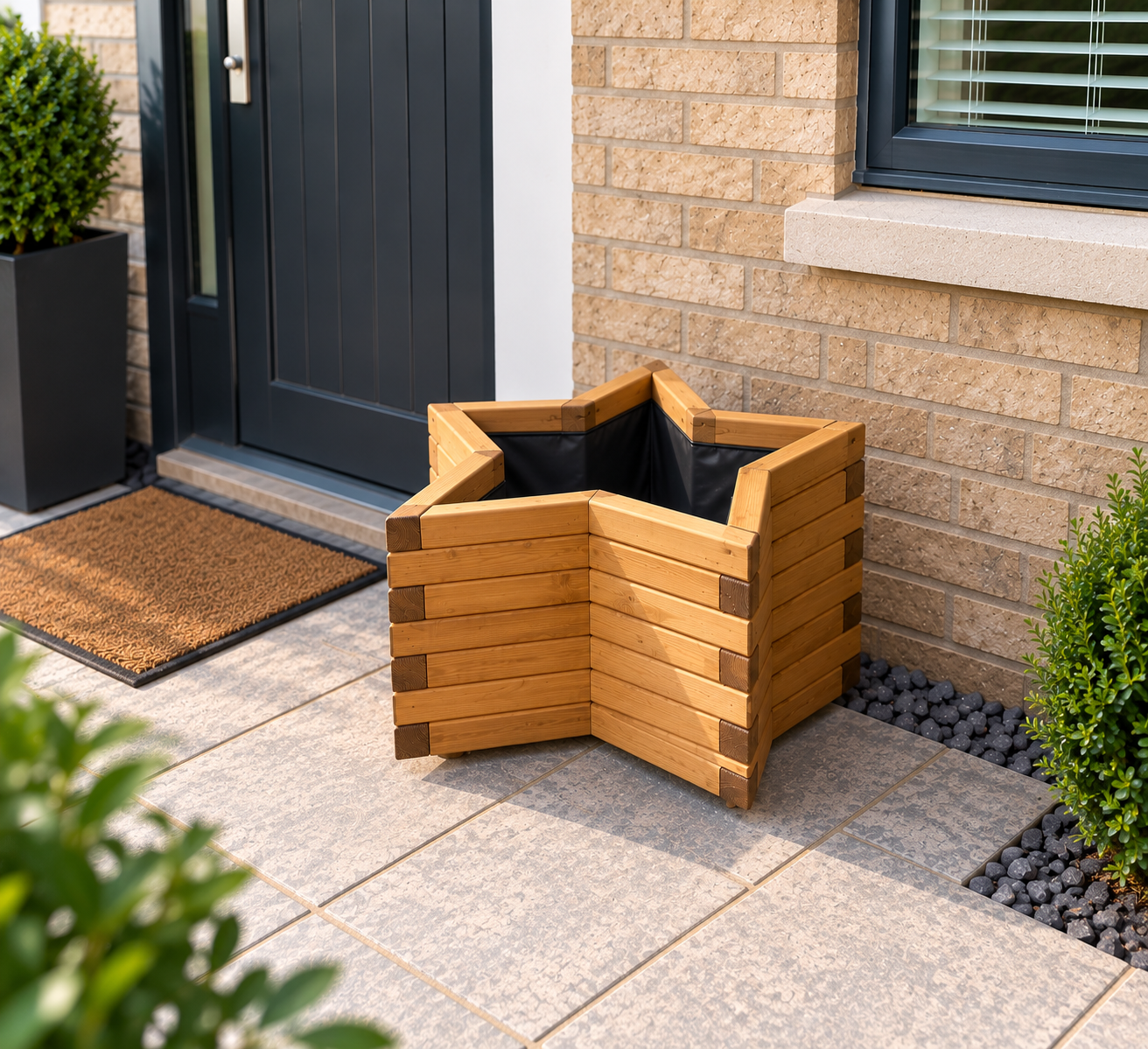 Handcrafted natural oak star-shaped wooden planter with colourful flowers