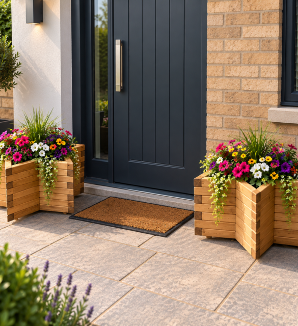Handcrafted natural oak star-shaped wooden planter with colourful flowers