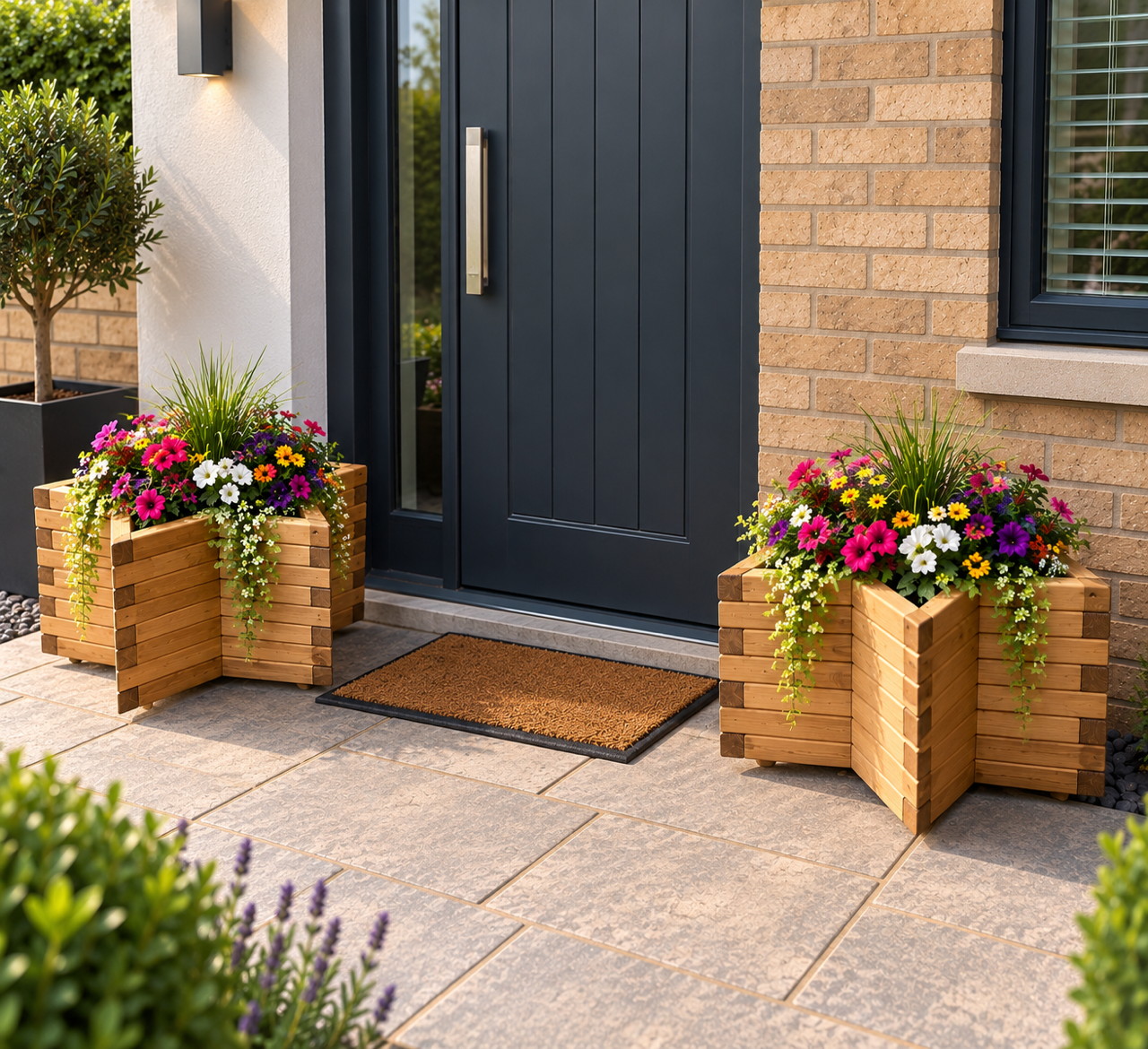 Handcrafted natural oak star-shaped wooden planter with colourful flowers